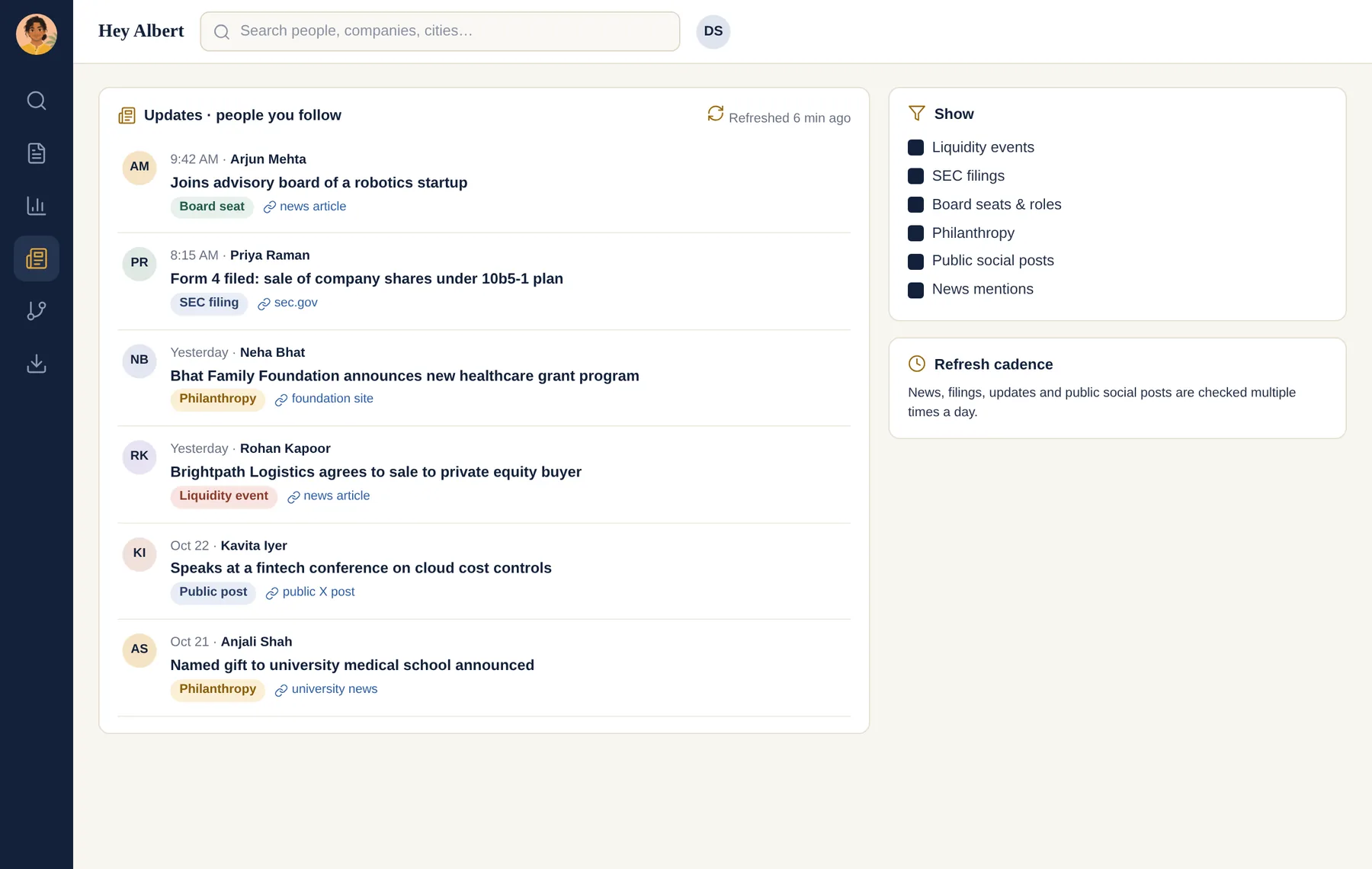 HeyAlbert news and updates screen