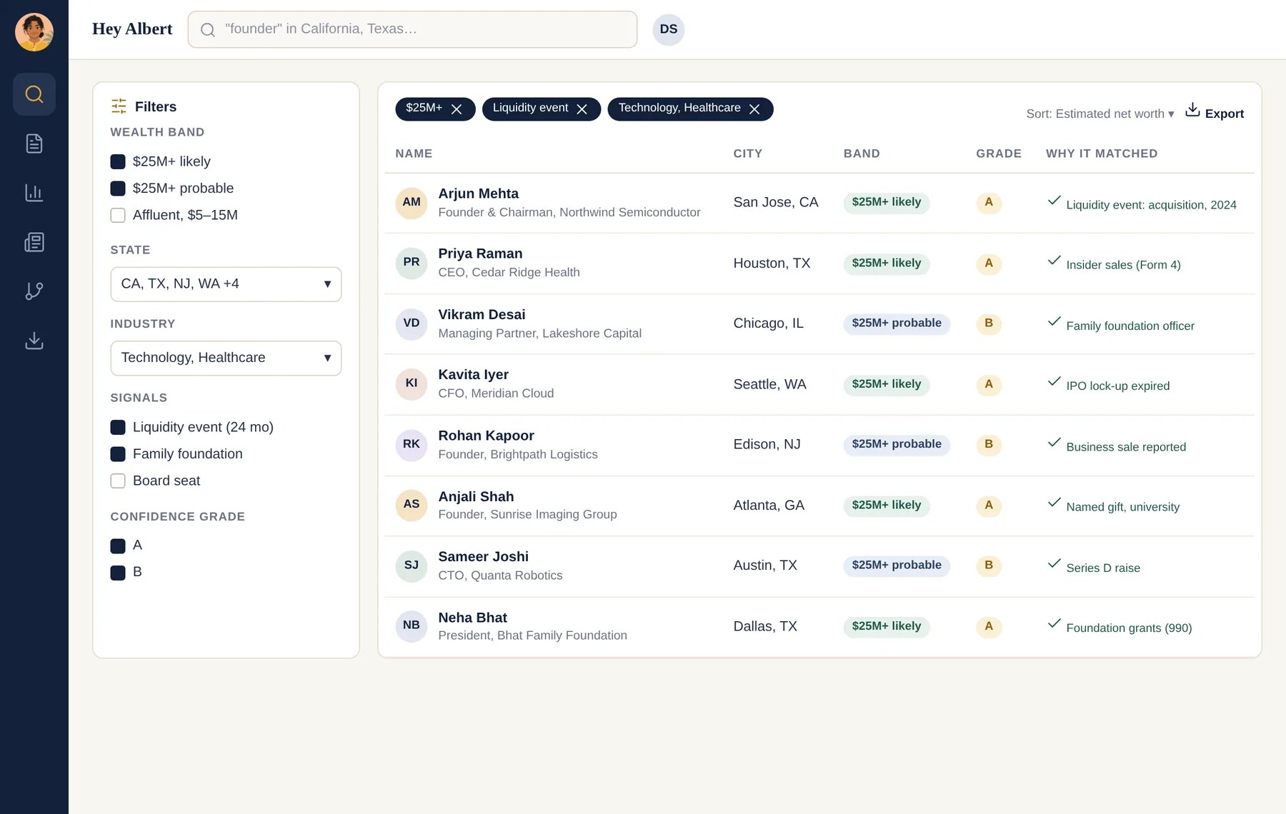 HeyAlbert search and filter screen